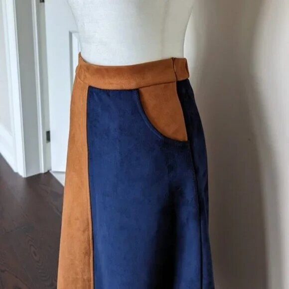 Suede asymmetrical colourblock camel/blue midi a-line skirt - Picture 2 of 7
